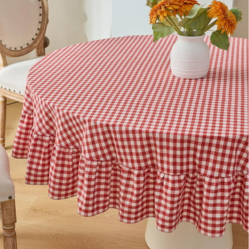 Red Gingham Tablecloth, 100% Washed Cotton, Classic Vintage Decorative Table Cover, Buffalo Plaid Checkered Ruffled