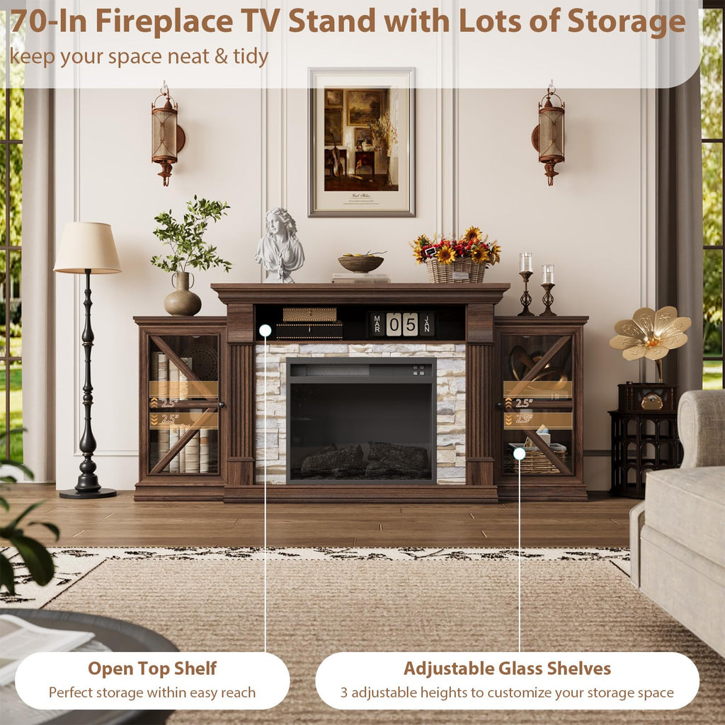 Electric Fireplace TV Stand, 70" Farmhouse Entertainment Center with Open Shelf and Glass Barn Door Cabniet, Modern