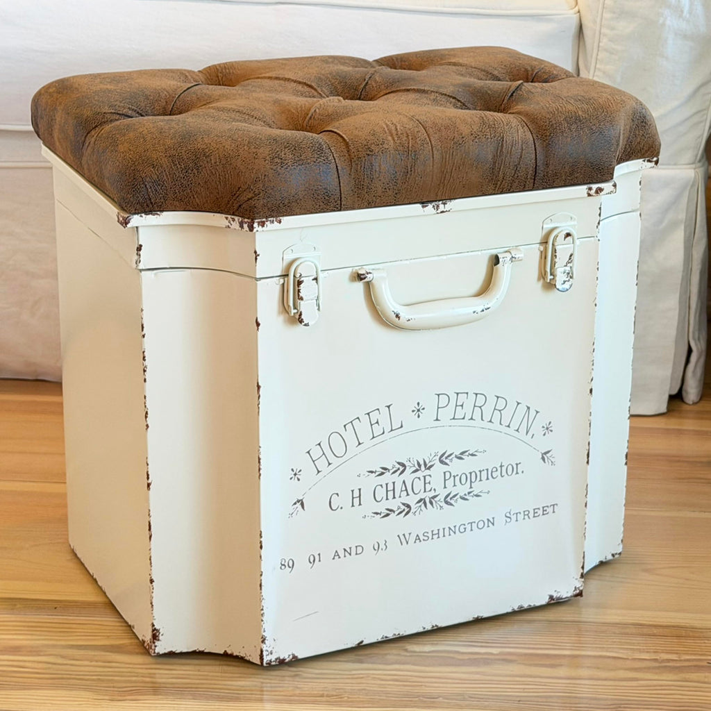 Vintage Steamer Trunk Storage Ottoman, Faux Leather