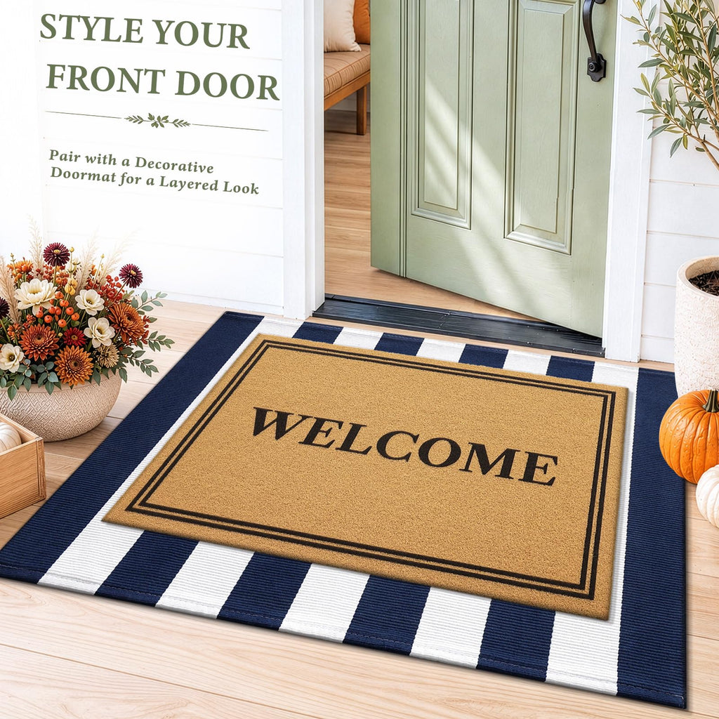 Navy and White Striped Accent Rug 3x5, Washable Indoor Outdoor Rug
