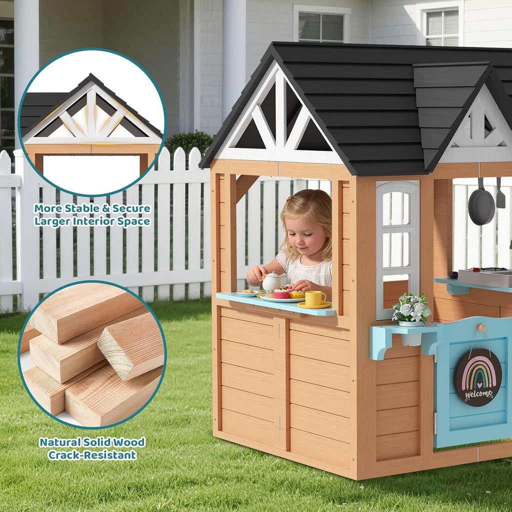 Wooden Outdoor Playhouse for Kids with Pretend Play Ages 3-8 | For Kids, Create Backyard Pretend Play with Kitchen