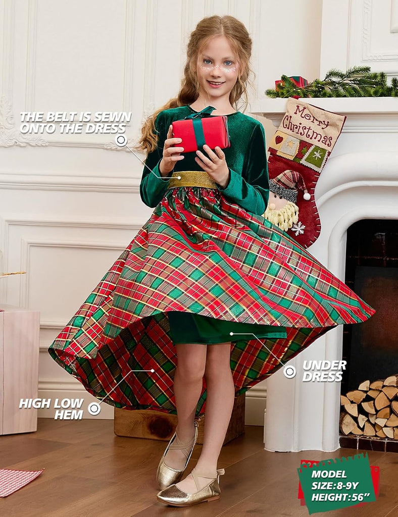 Christmas Dress Velvet Long Sleeve Holiday Dress Winter Party Classic Plaid Midi Princess Dress