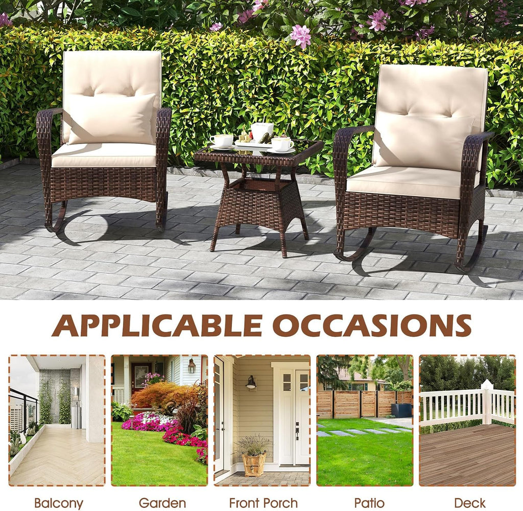 3 Pieces Outdoor Wicker Rocking Chair, Patio Furniture Set (Beige) | with Cushions, Pillows, Glass Coffee Table
