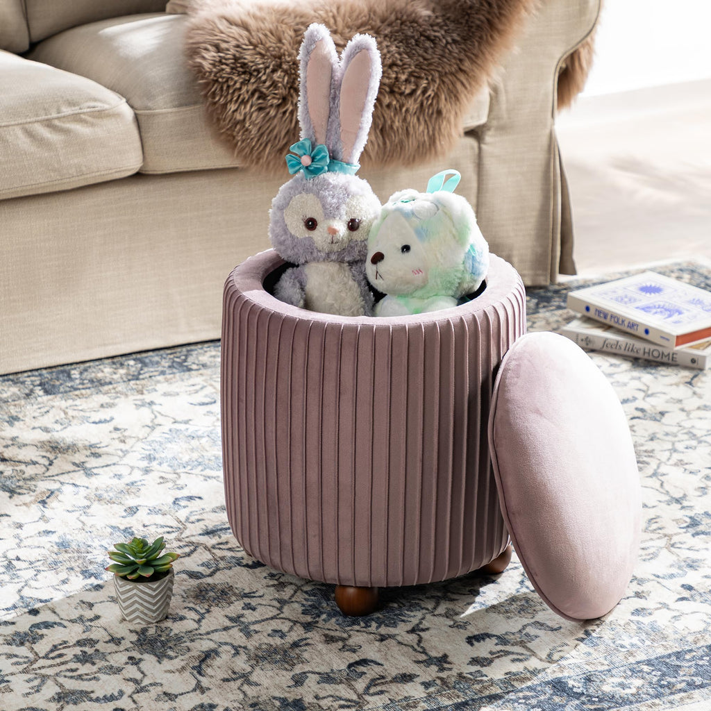 Round Ottoman with Storage Set of 2 Vanity Stool Foot Rest with Removable Lid Modern Upholstered Velvet Storage
