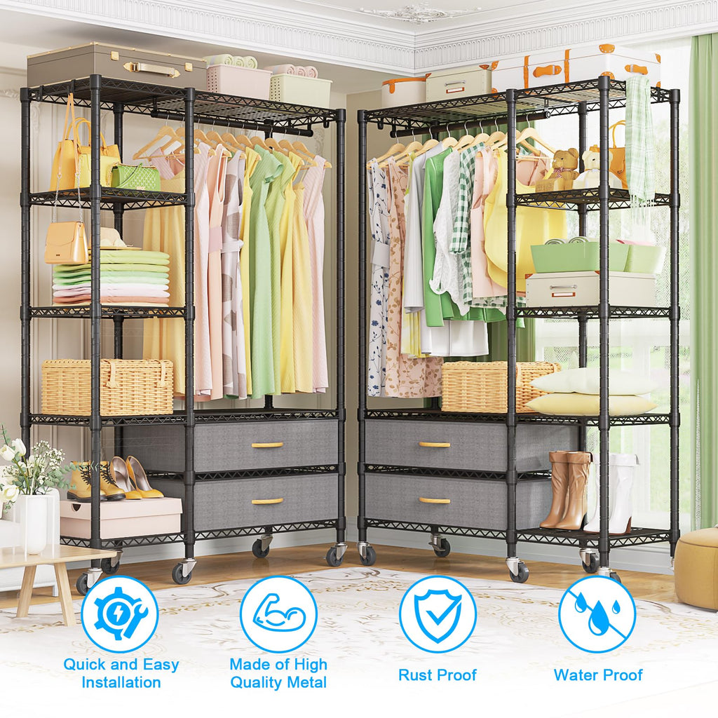 F3R Heavy Duty Clothes Rack(With Lockable Wheels)Freestanding Clothing Racks for Hanging Clothes, Adjustable Closet