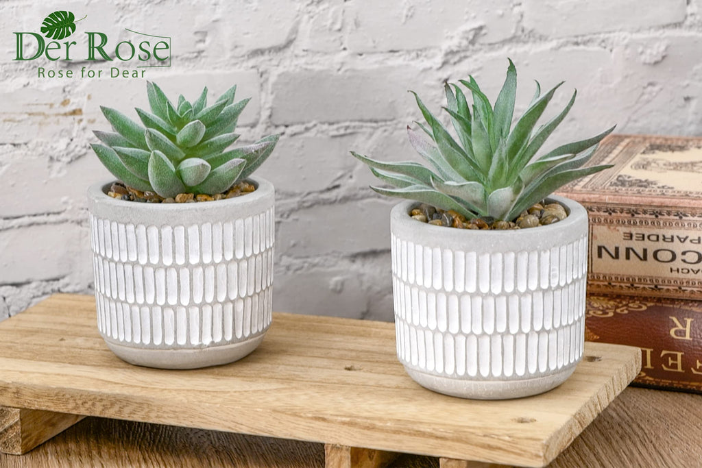 2 Pack Fake Succulents in Striped Ceramic Pots for Shelf Decor