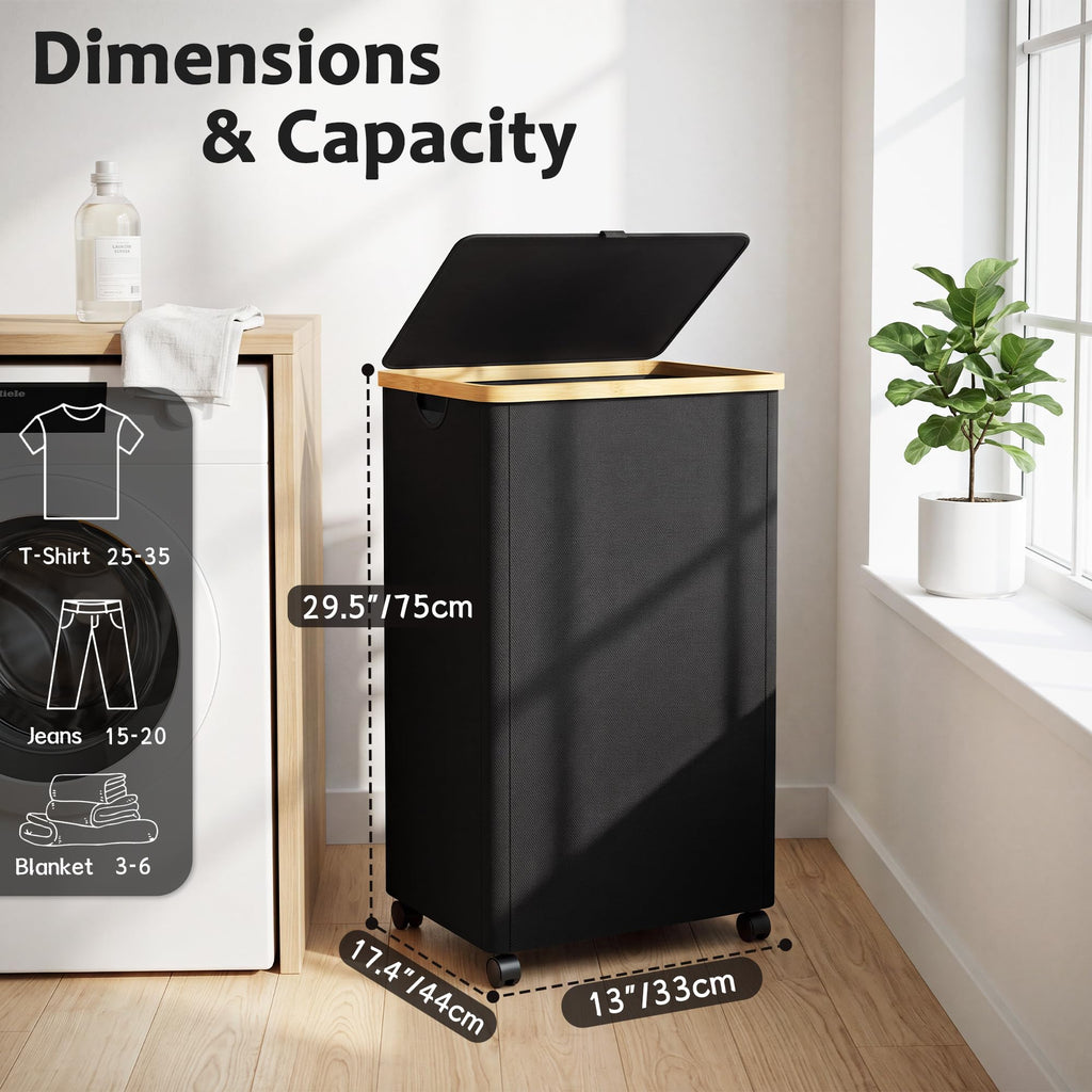 100L Laundry Basket with Wheels and Lid, Rolling Laundry Hamper with Bamboo Handles and Removable Bag, Dirty Clothes