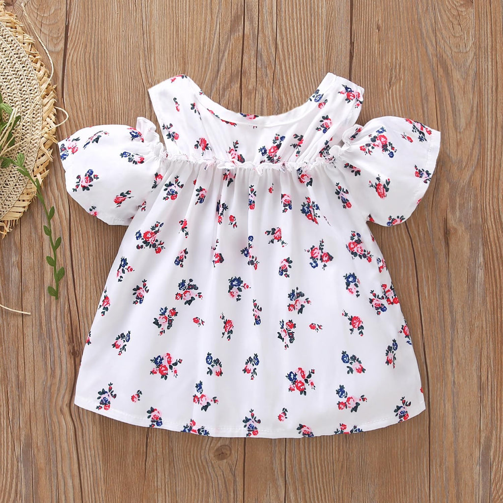 Toddler Baby Girls Clothes Outfit Summer Ruffled Off Shoulder Short Sleeve Floral Shirts Tops Denim Shorts Set