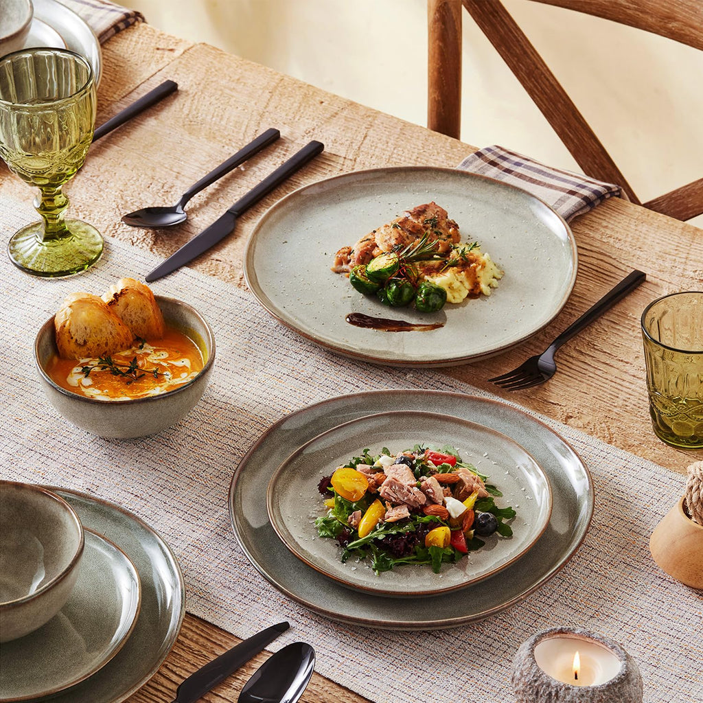 Stoneware Dinnerware Sets for 6, Reactive Glaze Plates and Bowls, Grey