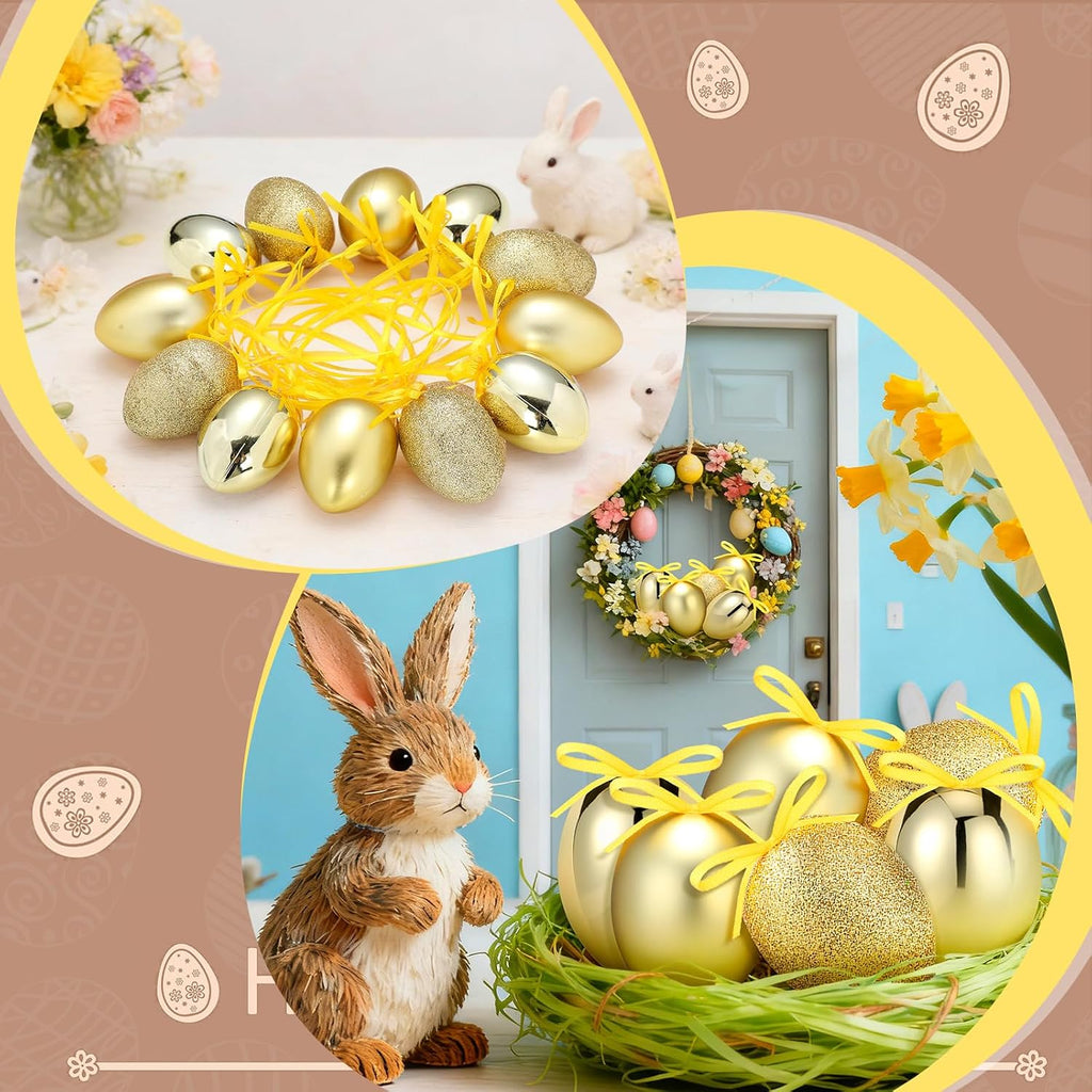 Gold Easter Eggs Tree Decorations Glitter Egg Hanging Ornaments for Easter Basket Home Spring Tree Decoration - Set of 12