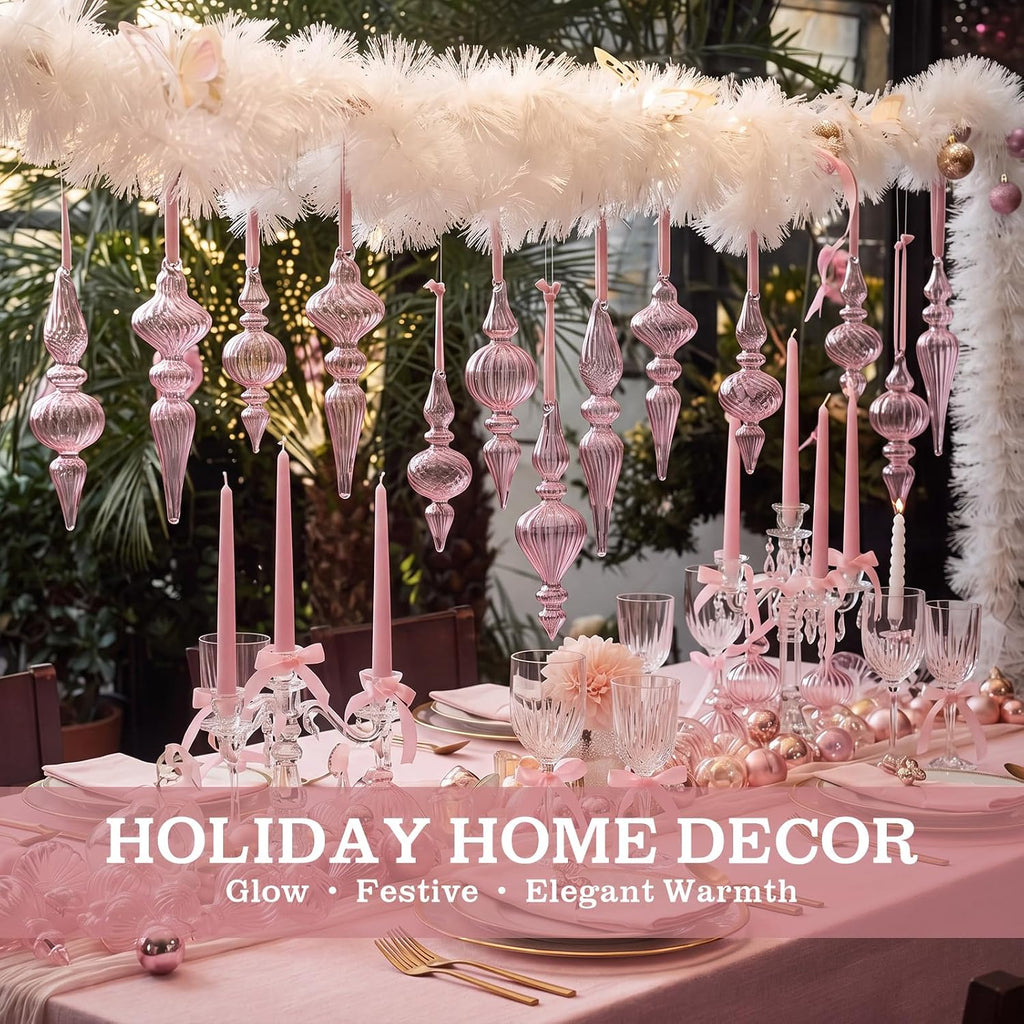 Vintage Glass Finial Christmas Ornaments, Pink - Set of 12
