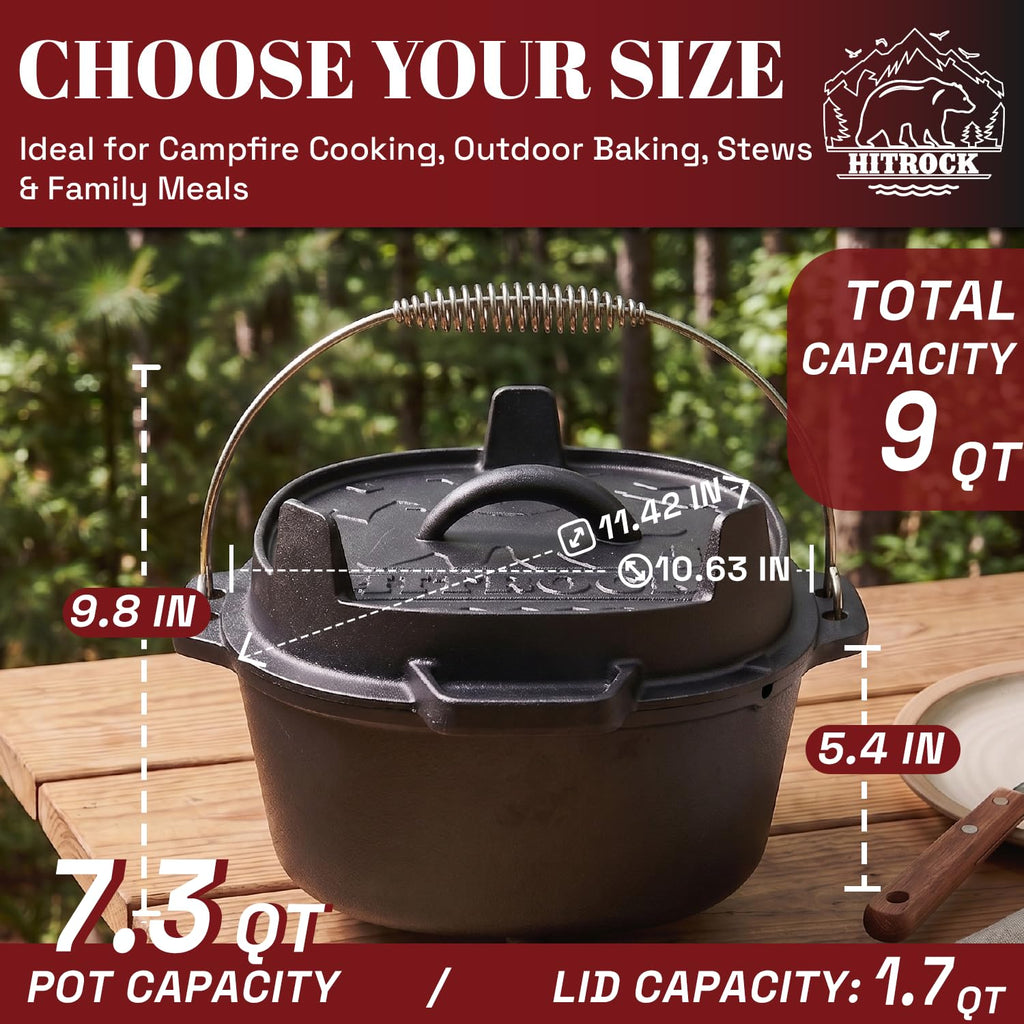 Cast Iron Camp Dutch Oven 9QT, Pre-Seasoned Camping Dutch Oven with Lid, Flat Bottom Outdoor Pot with Lid Lifter, Pot