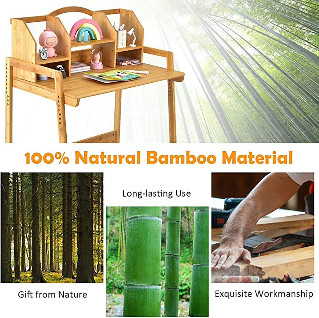 Kids Desk and Chair Set, Height Adjustable Bamboo Study Desk with Storage Hutch and Bookshelf, Wooden Writing Table
