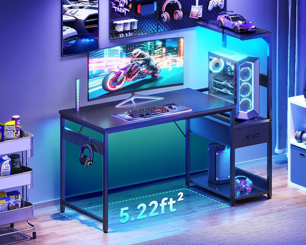 48'' Gaming Desk with LED Lights & CPU Stand, Reversible Computer Desk with Storage Shelves & Fabric Drawer, Modern