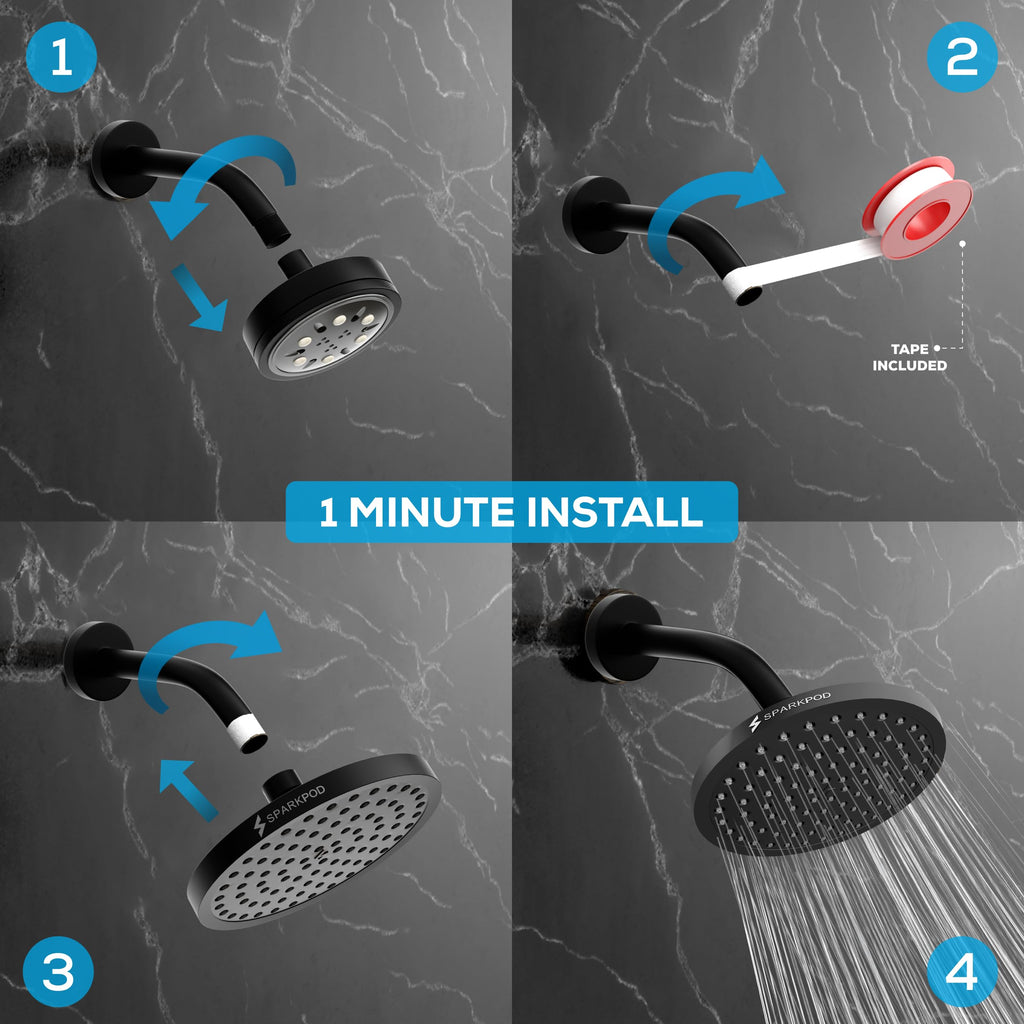 Rain Shower Head, 8 Inch Round, Midnight Black Matte Finish
