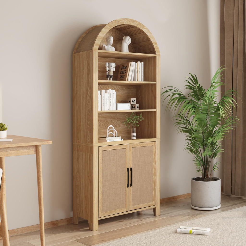 71" Tall Boho Rattan Arched Bookcase with Doors, Natural