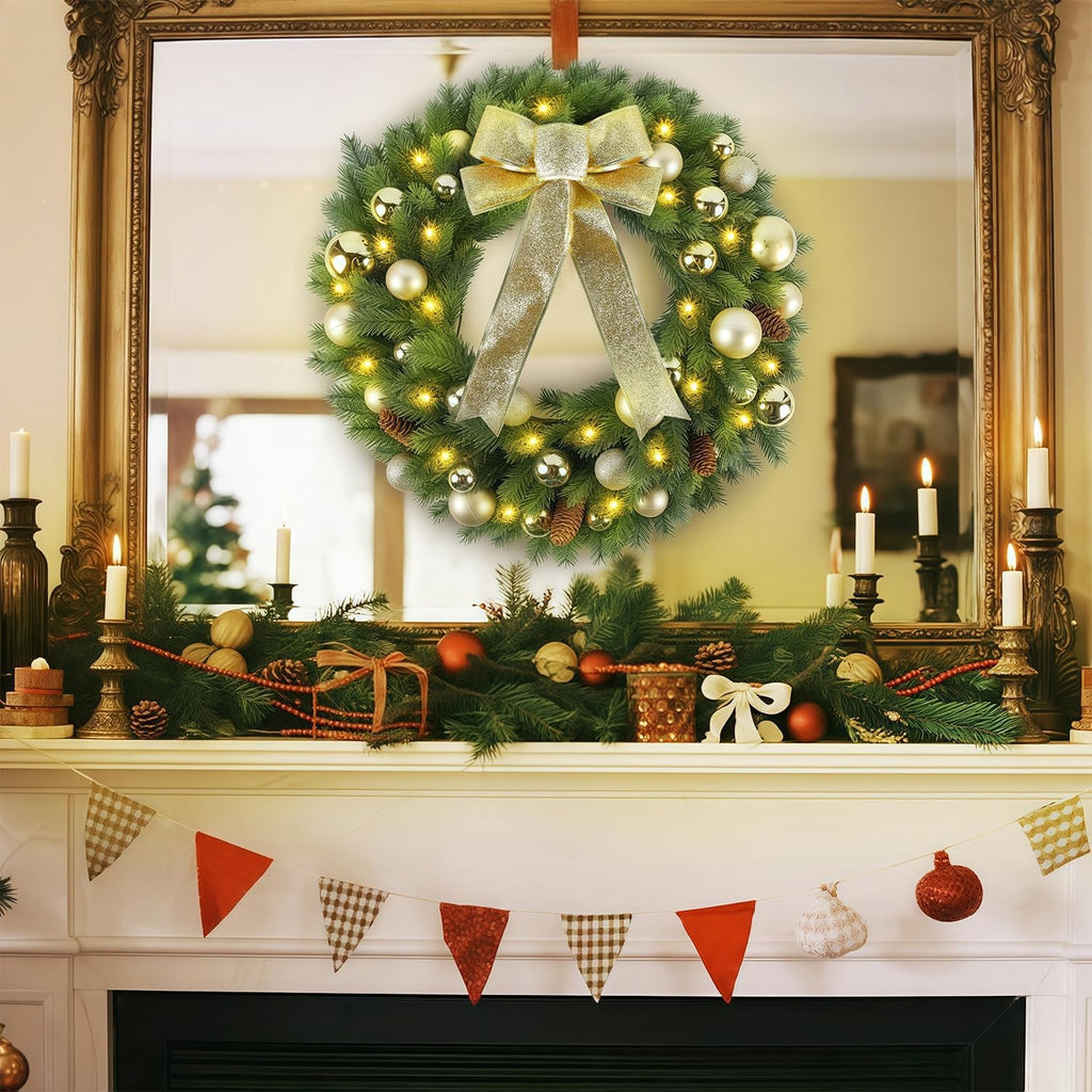 21" Lighted Christmas Wreath with Metal Hanger, Pre-lit Xmas Folded Wreath with LED Lights, Golden Bow & Balls