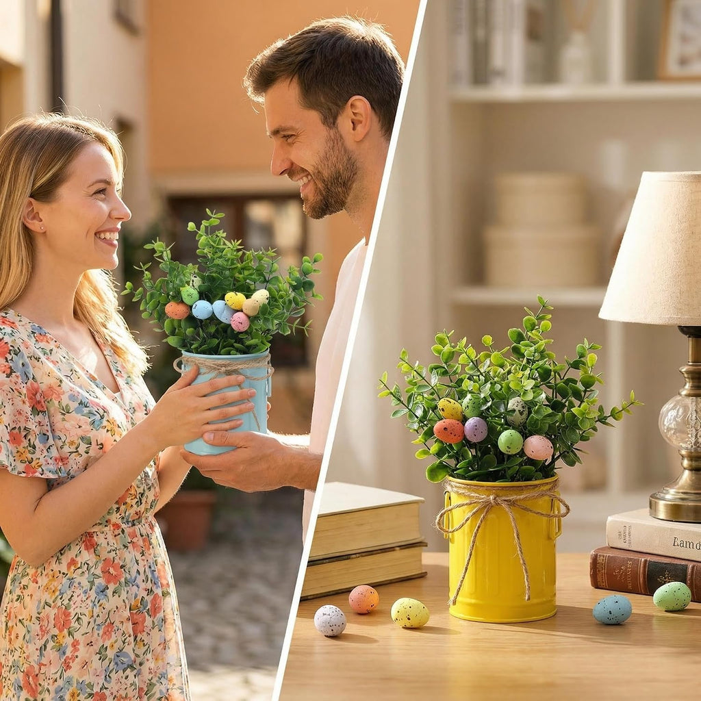 3 Pk Artificial Eucalyptus Potted Plants with Eggs Easter Farmhouse Decor