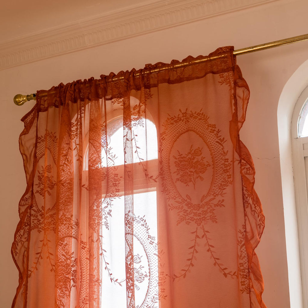 Burnt Orange Lace Sheer Curtains 96 inches Long 2 Panels Set, Rust Terracotta Boho Florals Embroidery Vintage Window