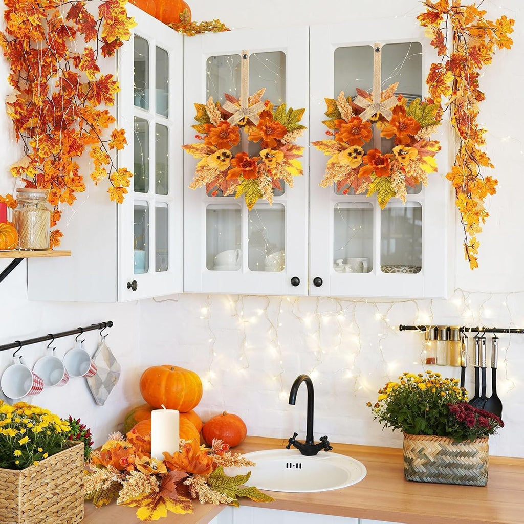 Fall Wreath Cabinets Artificial Flower Door Wreath Autumn Table Centerpiece Farmhouse Hanging Floral Rings - Set of 6