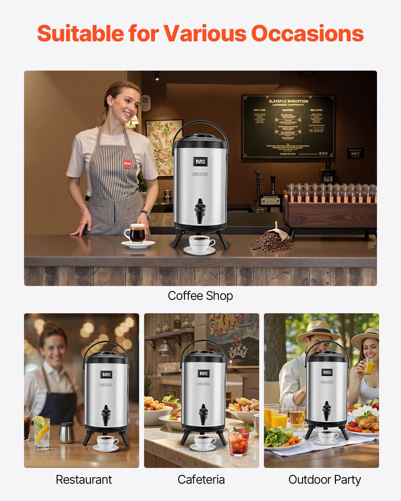 Insulated Beverage Dispenser, 2 Gal/7.6L Stainless Steel Thermal Drink Server with Spigot & Temp Display, Suitable