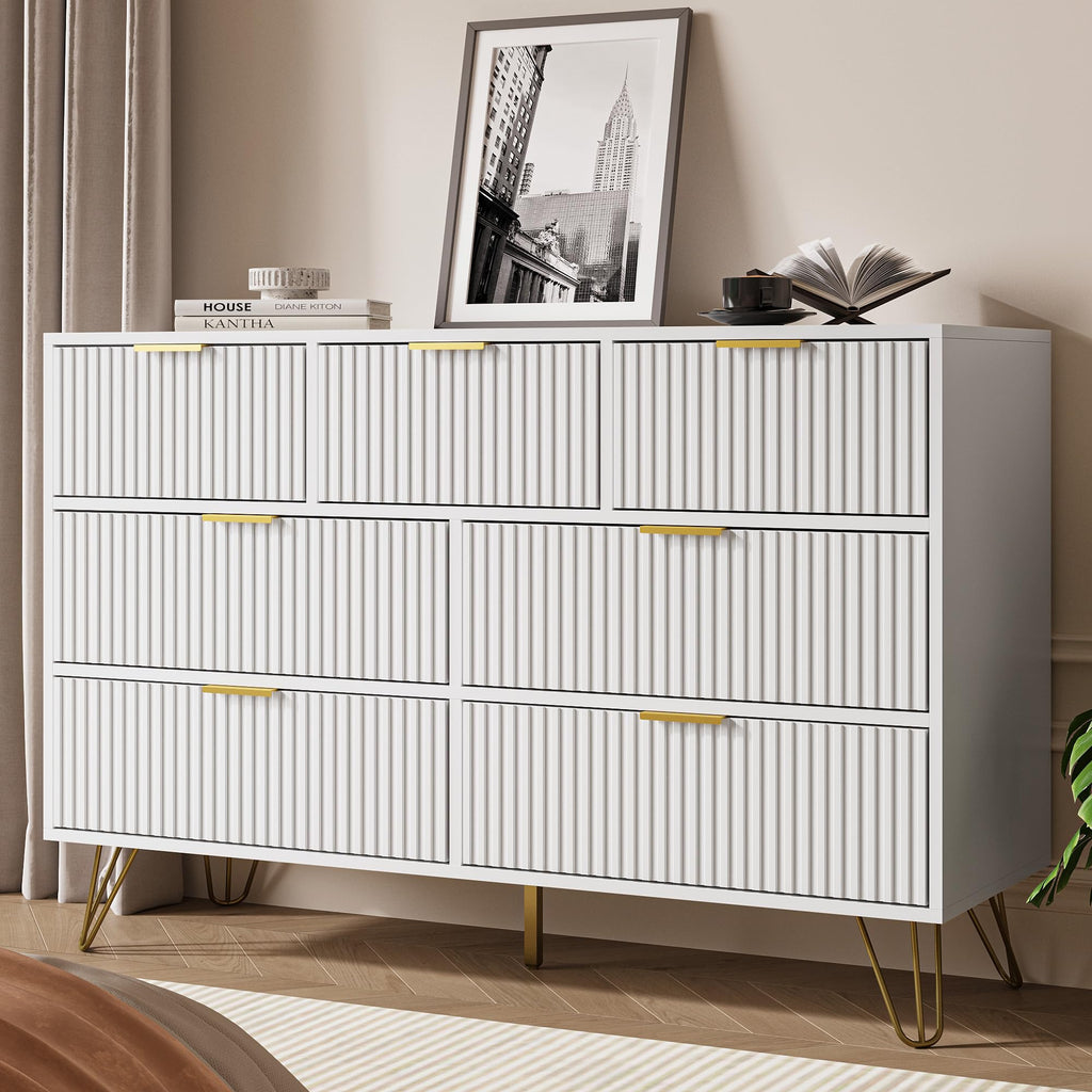 White 7 Drawer, Fluted with Gold metal Handles