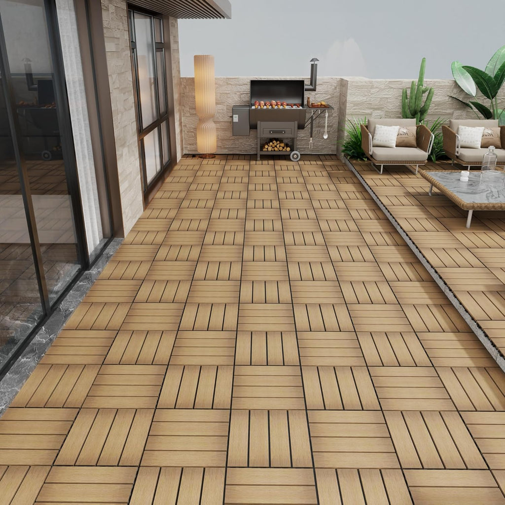 11 PCS Wood Plastic Composite Interlocking Deck Tiles 12" x 12" Indoor Outdoor Waterproof DIY Installation Flooring All
