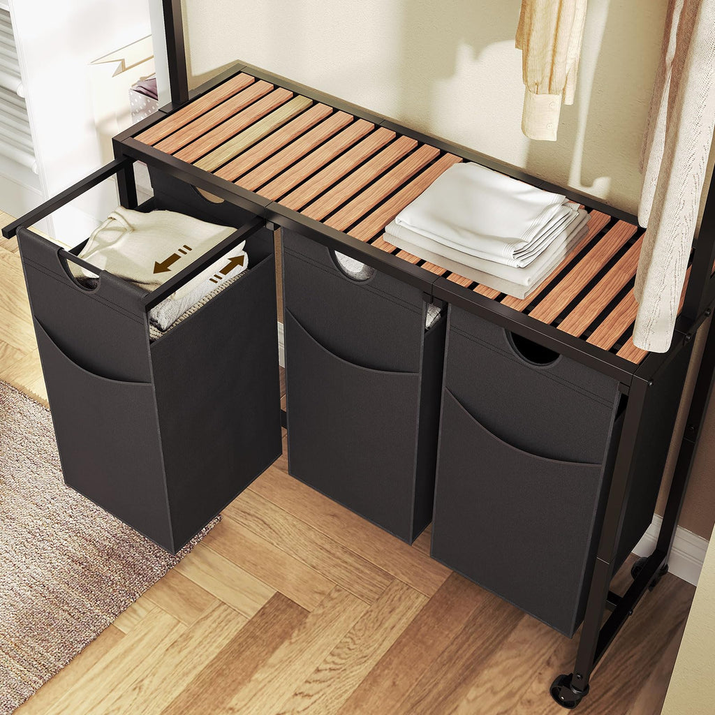 Laundry Sorter 3 Section, Rolling Laundry Hamper with Hanging Rack, Laundry Sorter with Wheels, Hampers for Laundry