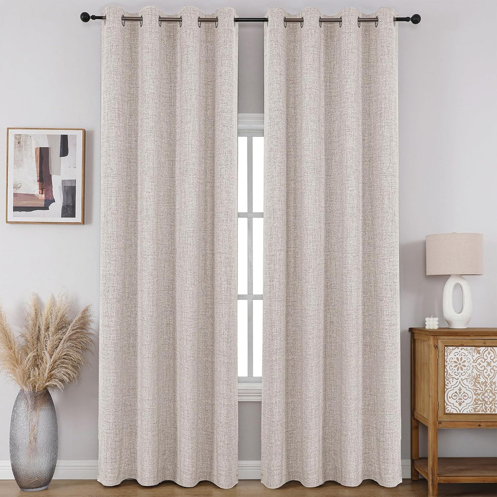 100% Blackout Window Curtains 84 inches Long 2 Panels Set, Faux Linen Look Thermal Insulated Grommet Drapes, Room