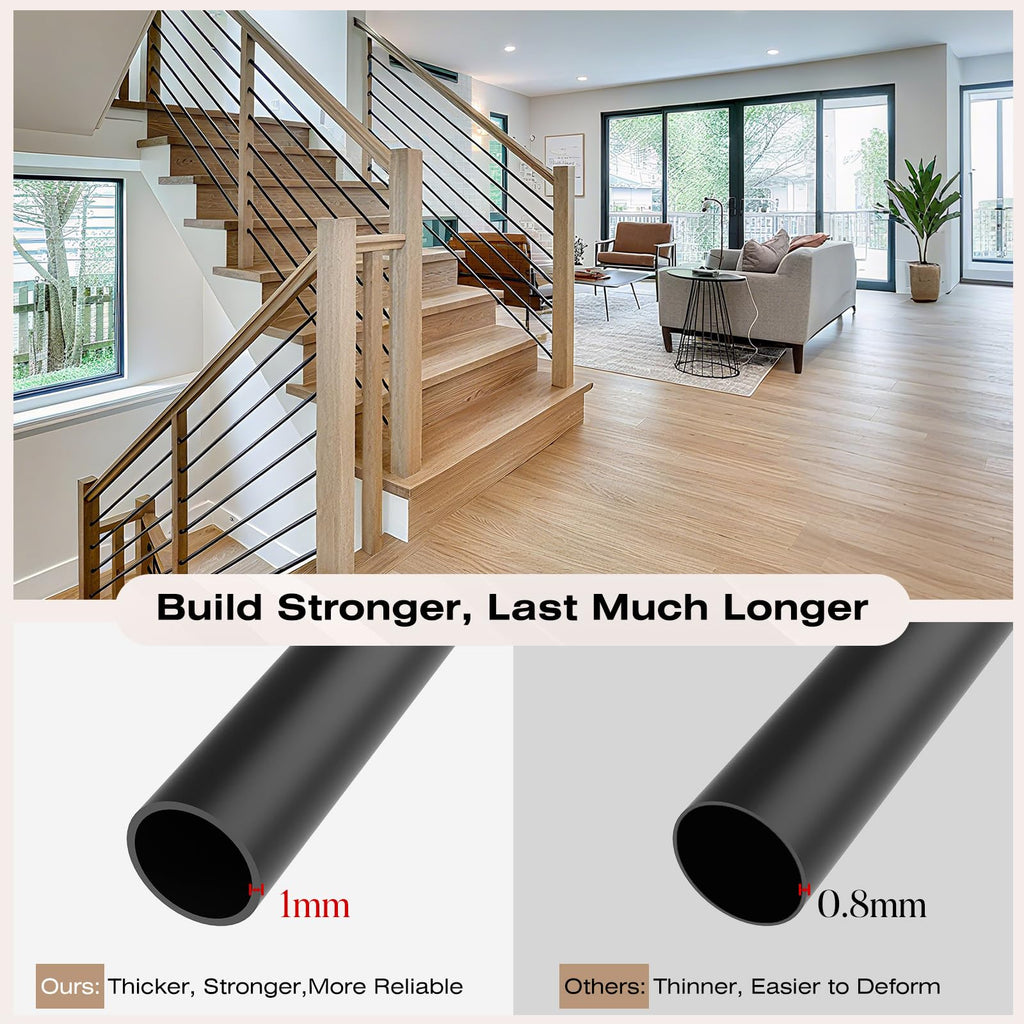 20 Pack 10 ft 5/8 Inch Round Iron Horizontal Stair Balusters, Black