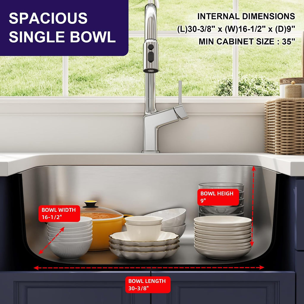32 Inch Undermount Curved Spacious Single Bowl Kitchen Sink | 304 Stainless Steel, 18 Gauge Thickness, Brushed Satin