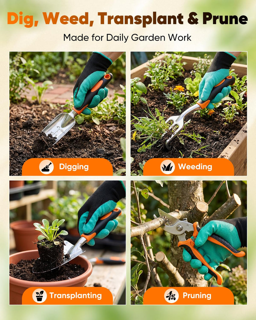 Garden Tool Set Gardening Tools - Heavy Duty Aluminum Tool Kit with Non-Slip Handle, Gardening Gloves and Tool Bag