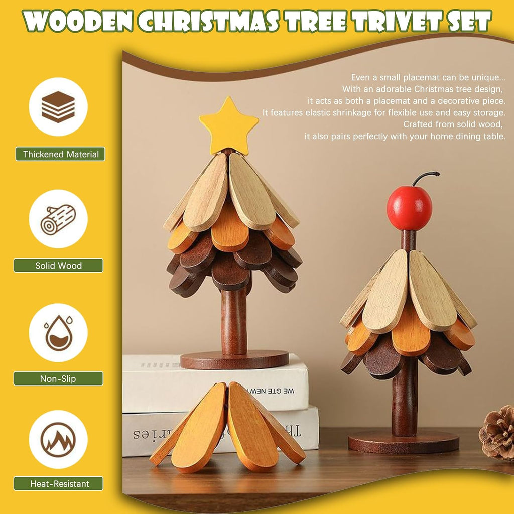 Wooden Christmas Tree Trivet + Stand - Set of 5