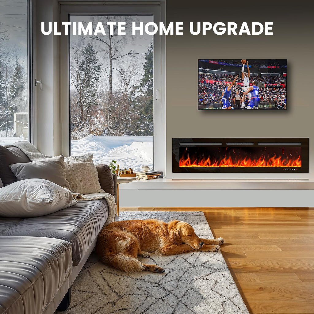60-Inch Smart Electric Fireplace, 1400W Wall-Mounted or Recessed Fireplace Heater with Ultra-Slim Design, WiFi App