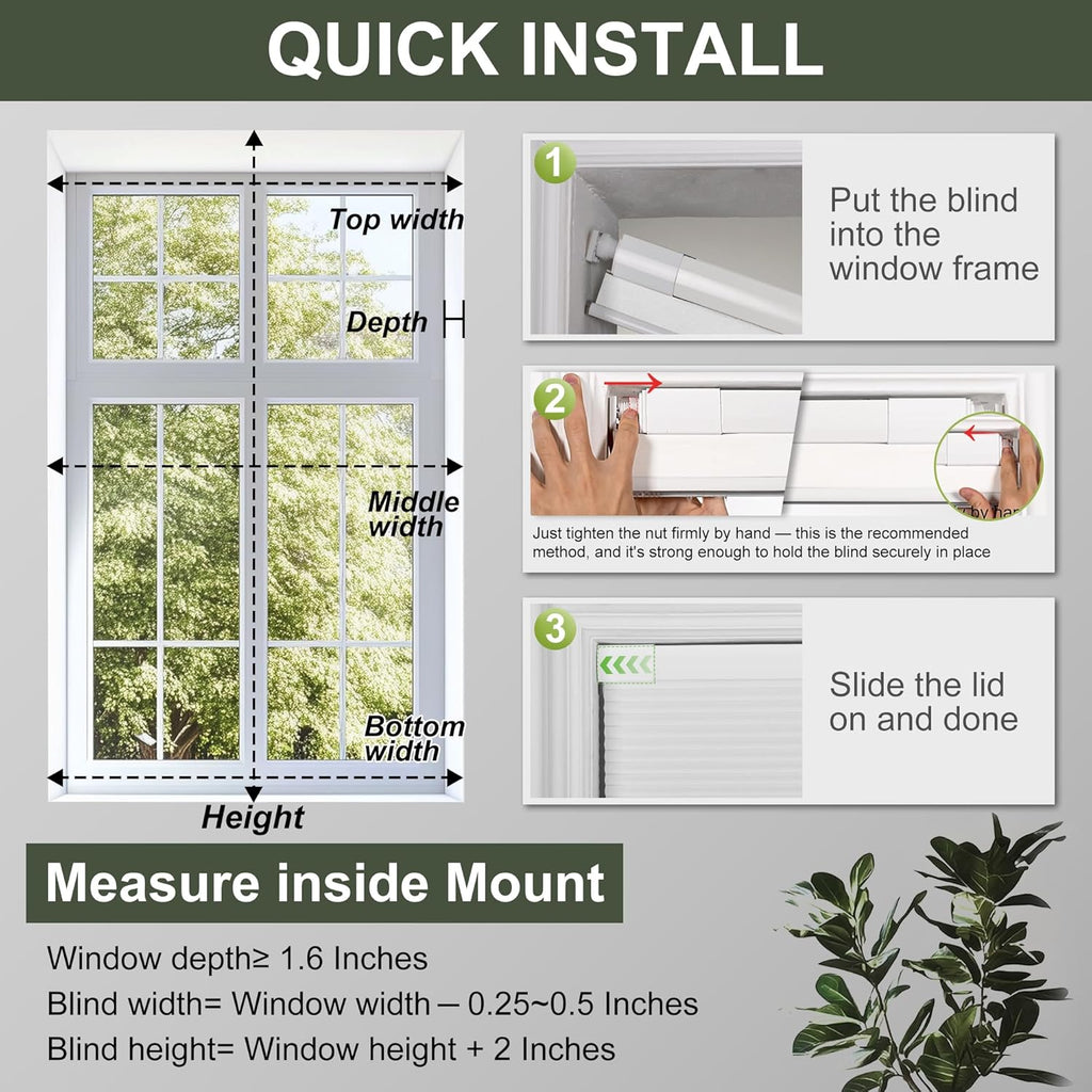 No Drill Blackout Cellular Shades,White,47" W x 36" H | No Tools Honeycomb Blinds for Indoor Windows.Easy to