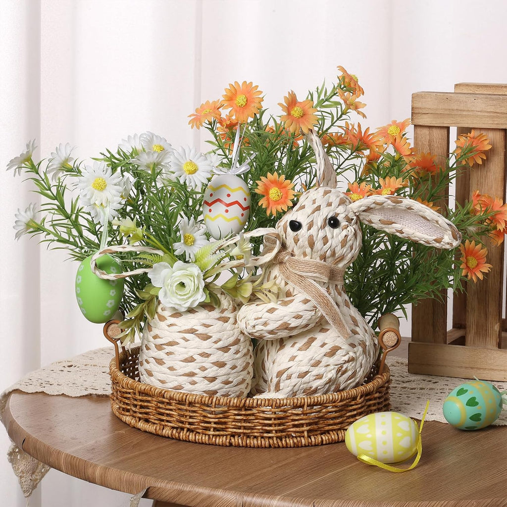 Handwoven Easter Decor, Rattan Bunny with Fixed Floral Egg Ornament, Farmhouse Spring Woven Decor - Set of 2
