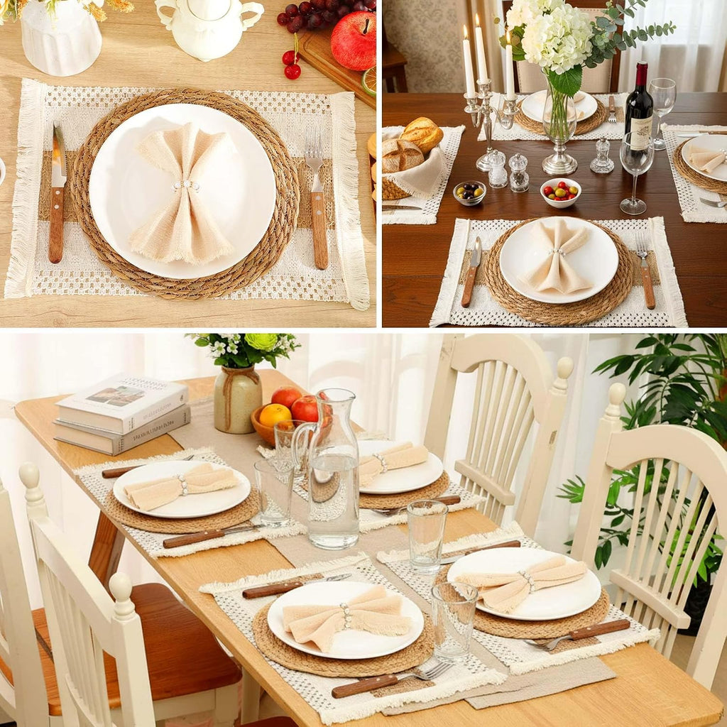 Sets Boho Placemats, Rattan Burlap Mats, Pearl Napkin Rings - Set of 6