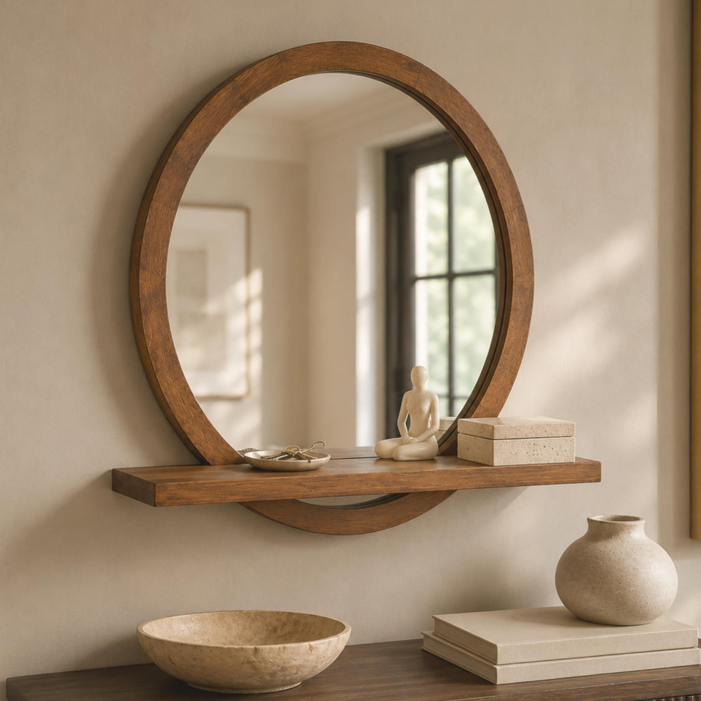 18" Round Wall Mirror with Shelf, Solid Wood Frame