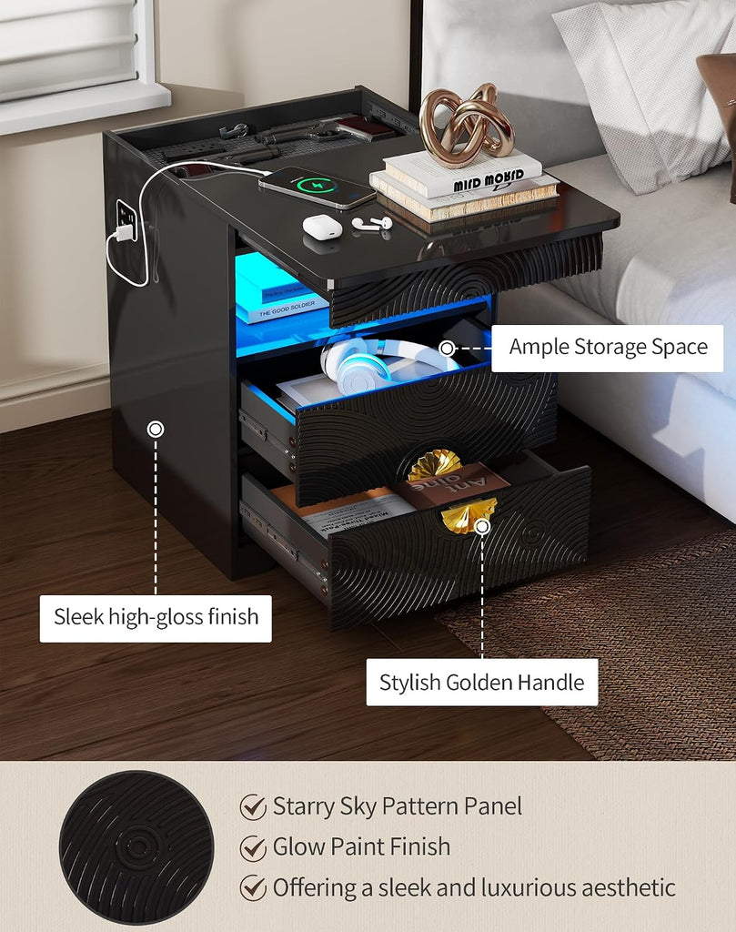 LED Nightstand with Gun Drawer, Modern Bedside Table with 3-Color Lights & Human Sensor, Smart Night Stand with
