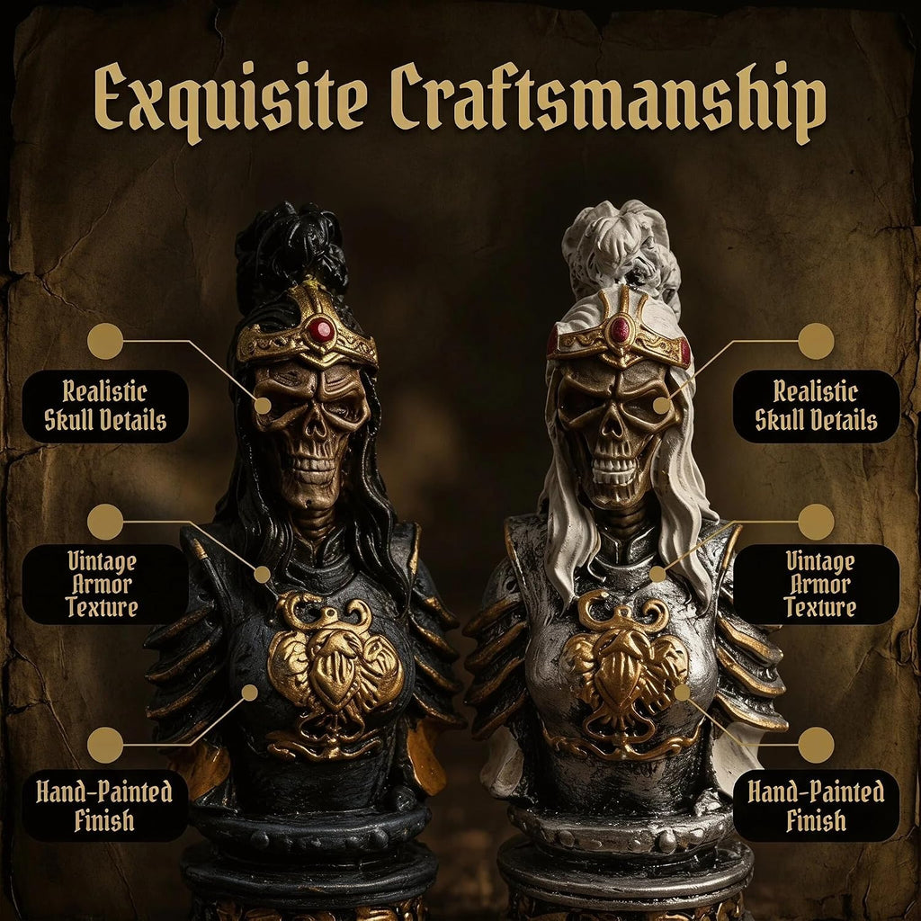 Medieval Gothic Skeleton Knights Chess Set, Hand Painted Undead Skull Resin Chess Pieces with Wooden Drawer Storage