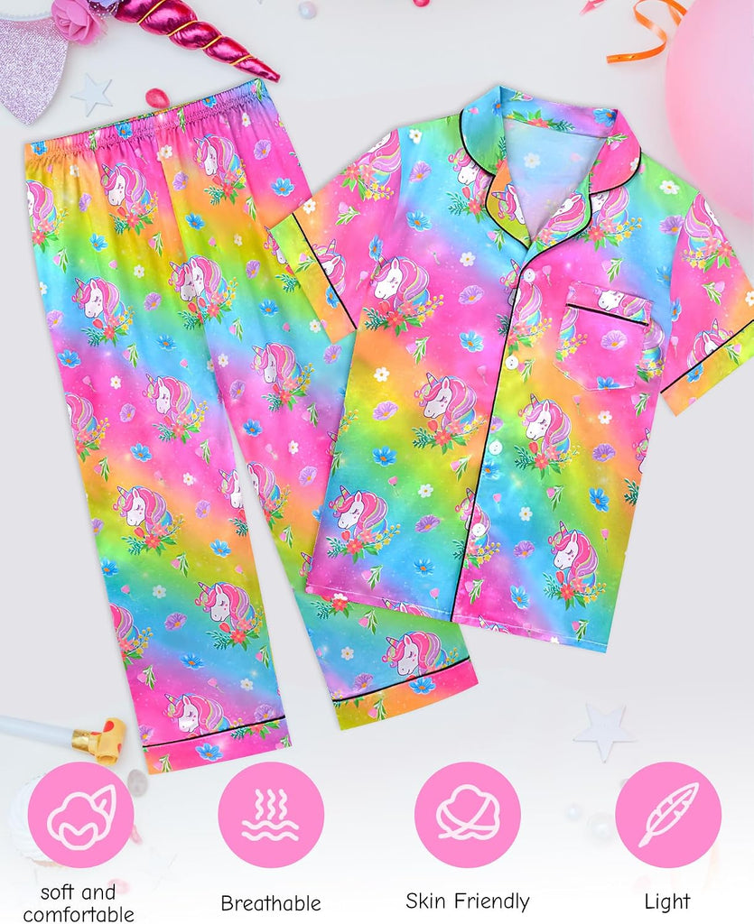 Girls Satin Pajamas Silk PJS Set Rainbow Unicorn Sleepwear Short Sleeve Long Pants Jammies for Toddler Kids
