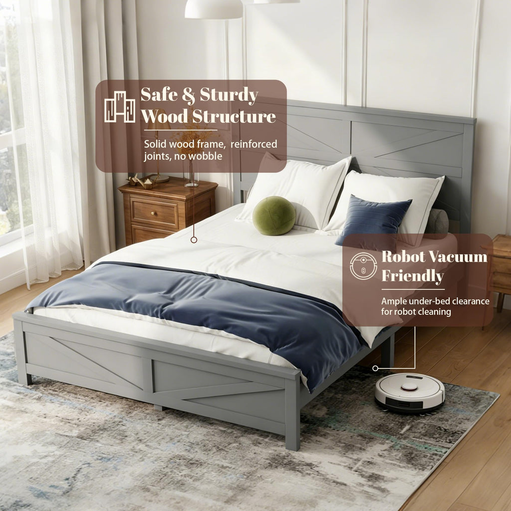 Rustic Platform Bed Frame with Barn Door Design Headboard and Footboard, Pine Wood Bed with Wooden Slats
