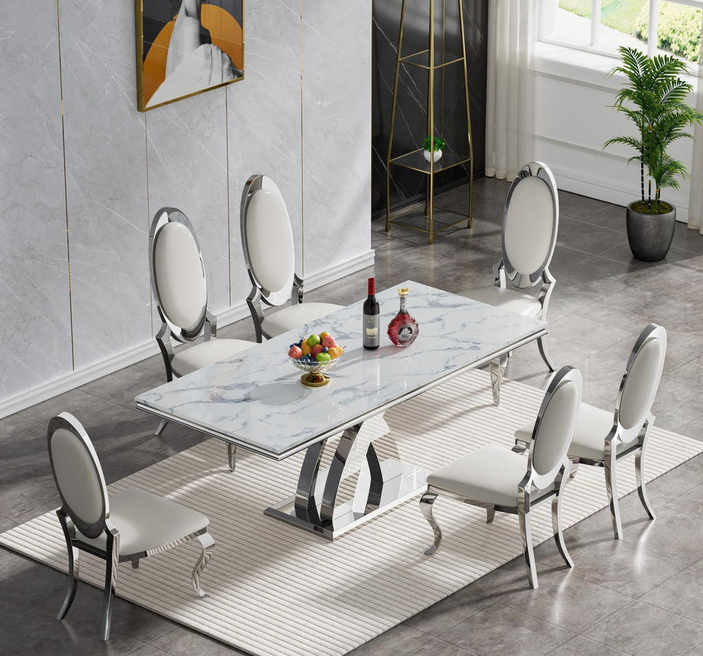 68''Silver Faux Marble Dining Table Set with 6 Leather Chair