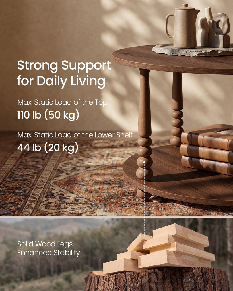 2-Tier Round Coffee Table with Storage, Solid Wood Legs
