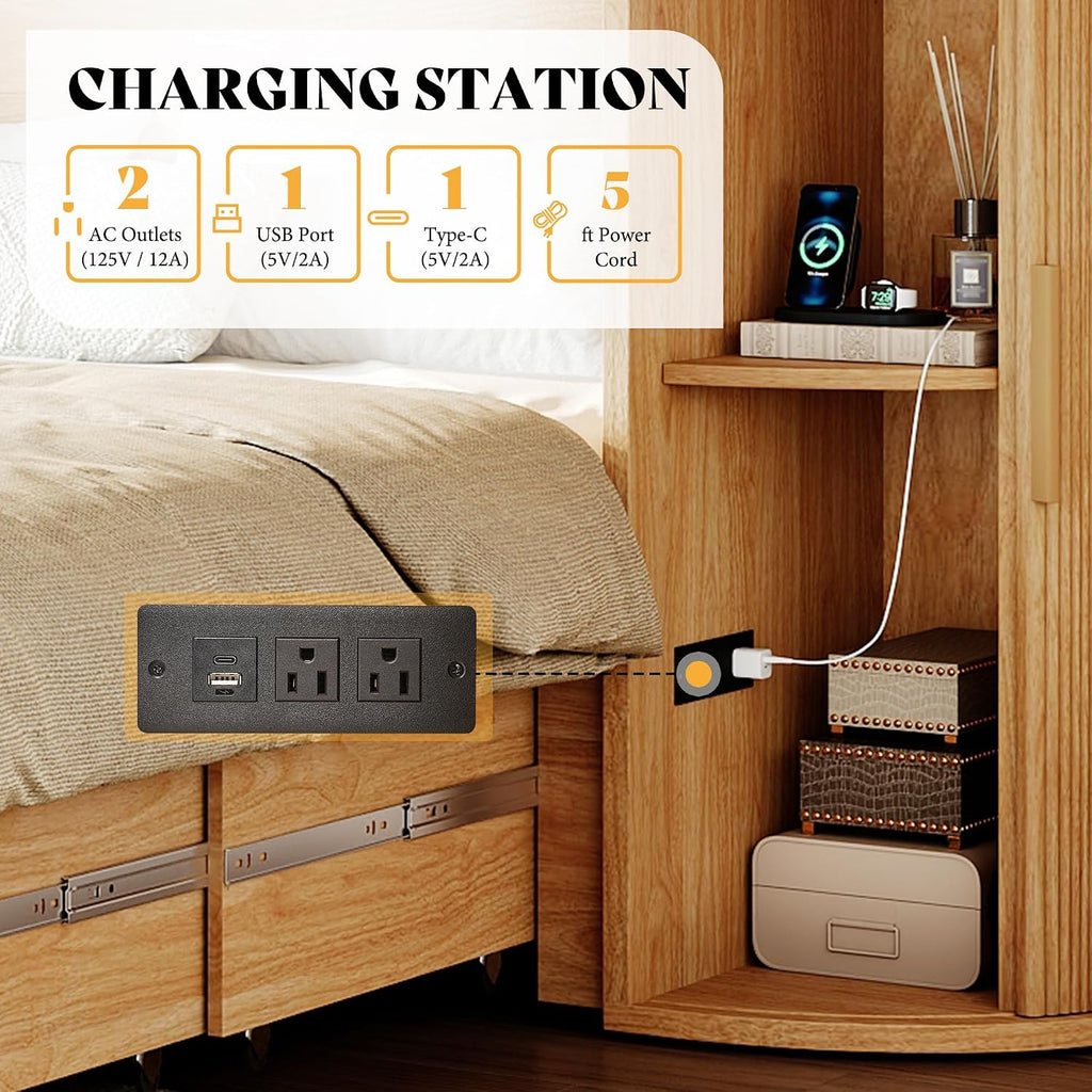 Queen Murphy Bed with Storage Bedside Shelves & Sliding Tambour Door, Modern Cabinet Bed with Charging Station &