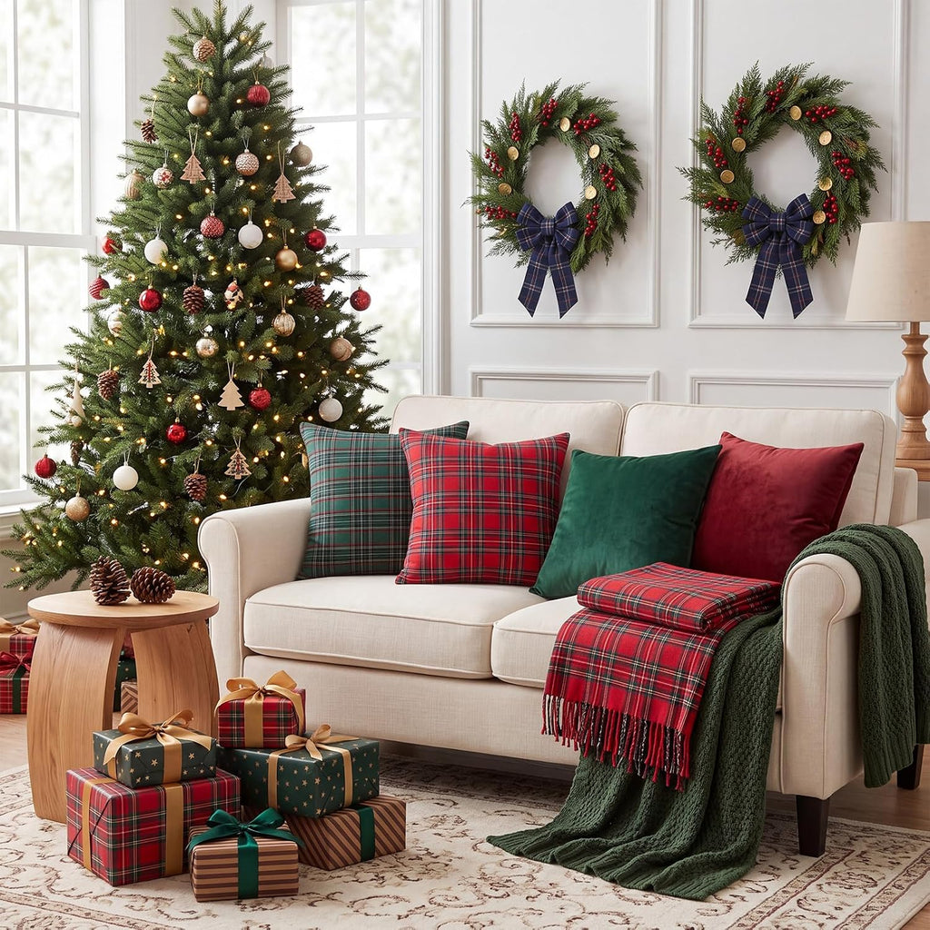 Christmas Pillow Covers Scottish Tartan Velvet Fabric Decorative Cushion Covers Christmas Decor for Xmas Favors - Set of 4