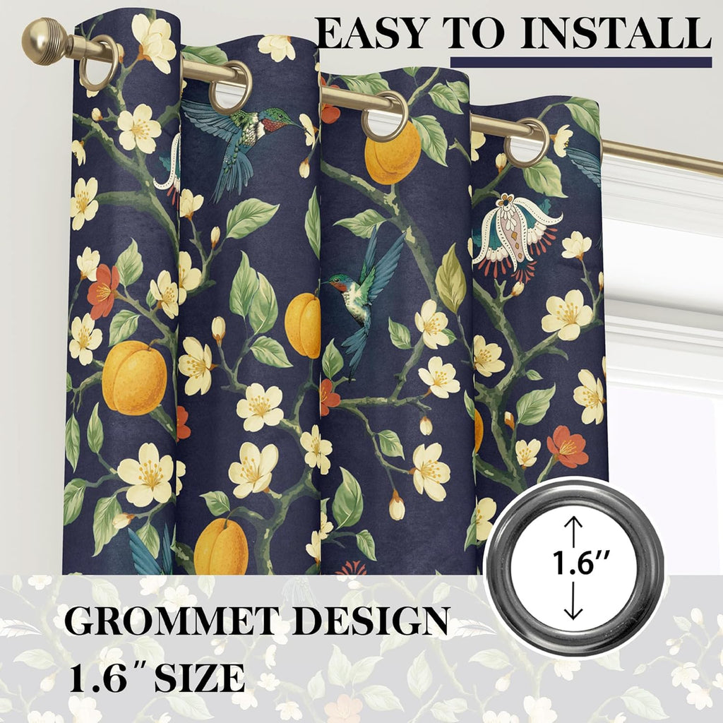 Floral Curtains 100% Blackout, Vintage Hummingbird Black Out Curtain 84 Inches Long, Patterned Thermal Insulated
