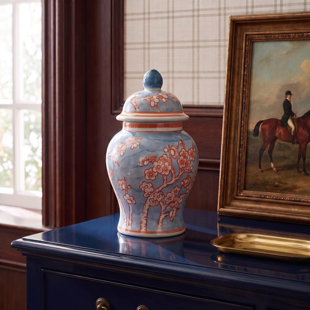 Decorative Ceramic Ginger Jar with Domed Lid, Light Blue