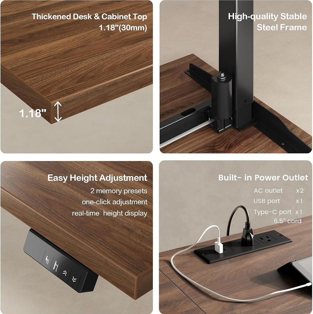 67" L Shaped Standing Desk with File Cabinet, Adjustable Height | One-Piece Electric Executive 1.18" Desk, Built-in