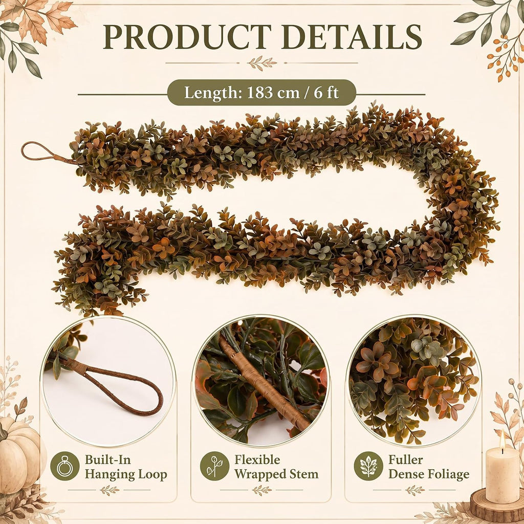 6 ft Fall Garland Artificial Boxwood Leaves Fall Garland for Mantle